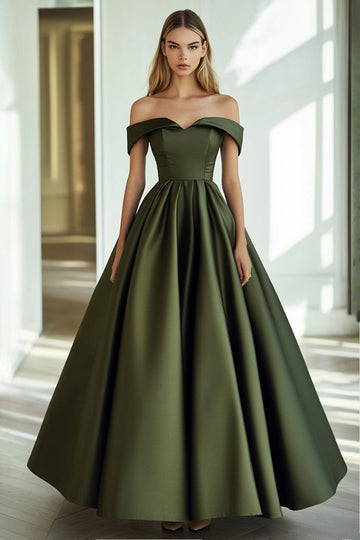 A Line Off the Shoulder Satin Olive Gala Dress